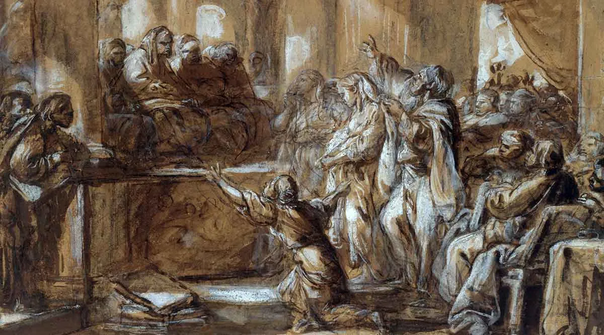 ফ্রাইন বিফোর দ্য অ্যারিওপাগাস, জঁ-বাপ্তিস্ত দেশে (মধ্য ১৮শ শতাব্দী)। সূত্র: মেট্রোপলিটন মিউজিয়াম অফ আর্ট।